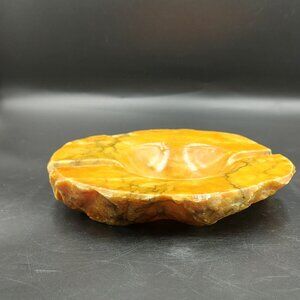 Vintage MCM Art Deco Orange Alabaster? Marble? Heavy Stone Carved Ashtray